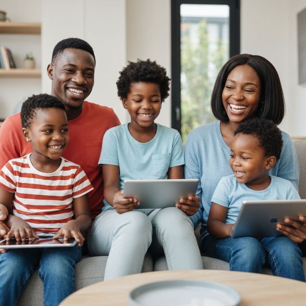 Happy African family smiling together with digital security